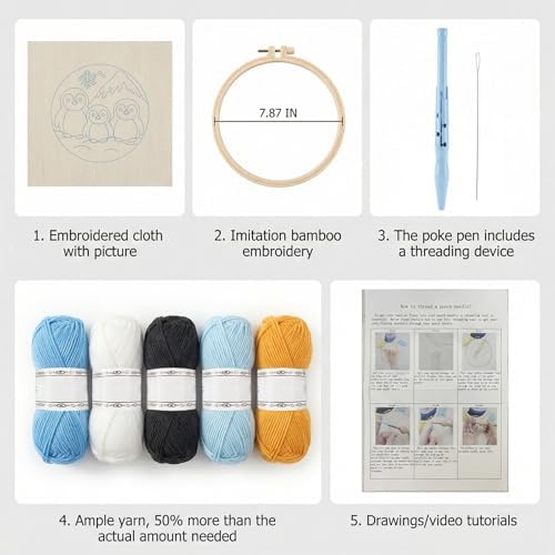 ZMHKJZDQ Punch Needle Kits for Beginners,DIY Punch Needle Embroidery with Fabric, Hoops, Yarns and Sewing Needles for Adults Children Festival Gift and Home Decor, 20x20cm (Penguin) - Image 3