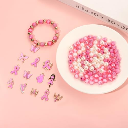 2650PCS+ Breast Cancer Awareness Beads Charms for Bracelet Making Pink Clay Heishi Beads Acrylic Pearl Crystal Spacer Bead Pink Ribbon Charms for Jewelry Making DIY Breast Cancer Awareness Accessories - Image 4