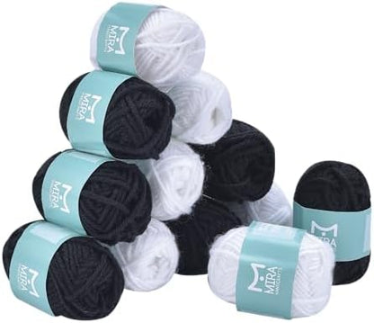 Mira Handcrafts Crochet Set for Beginners – 264 Yards Soft, Premium Acrylic Yarn for Crocheting – 12 Black and White 10g Skeins – Strong, Lightweight Yarn for Knitting and DIY Crafts for Kids & Adults by MiraHandCrafts