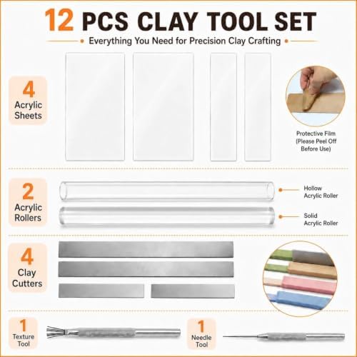 12 Pcs Polymer Clay Tools Kit, Acrylic Roller Rolling Pin Cutters - Image 3
