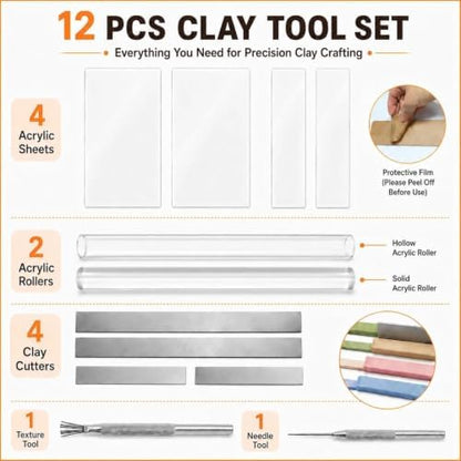 12 Pcs Polymer Clay Tools Kit, Acrylic Roller Rolling Pin Cutters - Image 3