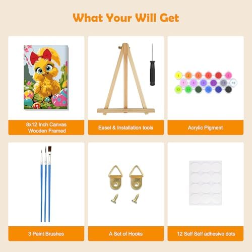 MOGTAA Chicken Paint by Numbers Kit for Adults Beginners with Frame, Easter Eggs Adult Paint by Number Kits on Canvas with Easel, Easy DIY Oil Painting Kits for Home Decor, 8x12in - Image 5