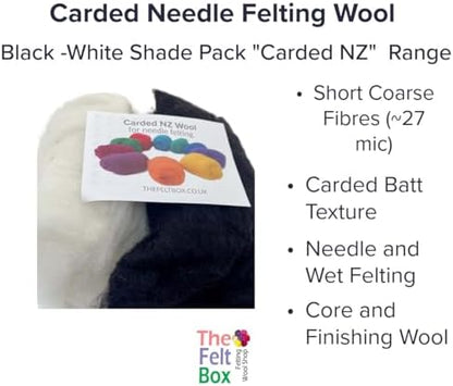The Felt Box Needle Felting Wool – Black & White Shade Pack, 100g Carded Batts, Short Coarse Fiber for DIY Crafts, Dolls & Animals - Image 2