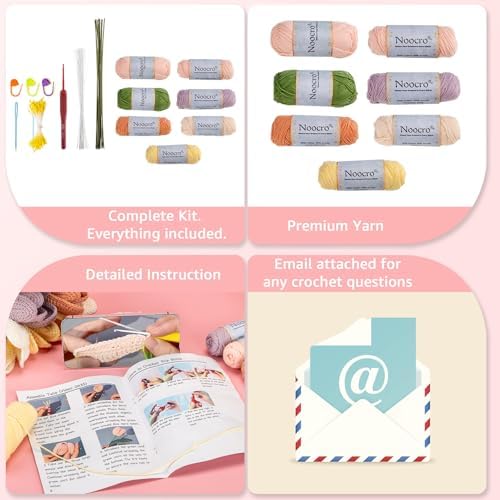 Noocro Crochet Kit Flower Bouquet, Rose, Lily Myosotis, Poppy, Tulip and Orchid with Video Tutorial and Detailed Instructions, Complete Kit Craft Supplies Holiday Gift (Tulip) - Image 4