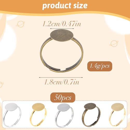 50Pcs Ring Blanks for Jewelry Making Supplies Adjustable Flat Ring Base, 12mm Rings Blanks Jewelry Findings, Silver Gold Rose Gold Black Craft Rings - Image 2
