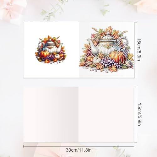 6 Pack Thanksgiving Diamond Painting Greeting Card Kits, DIY Fall Harvest Rhinestone Cards with Envelopes, Autumn-Themed Diamond Art Craft Set with Pumpkins, Corn, Grapes and Give Thanks Message - Image 2