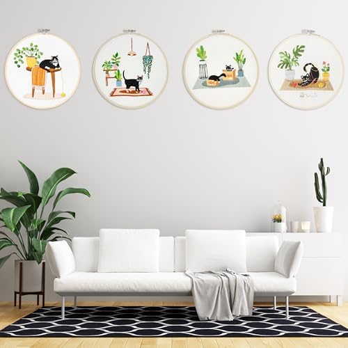 Bonroy 4 Sets Embroidery Set for Beginners, Art Craft, Easy Sewing, Includes Embroidery Clothing, Pattern, Embroidery Hoop, Instruction Manual, Colorful Thread Stitch Set (Cat) - Image 6