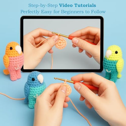 HOUSE CREATIVITY Crochet Kit for Beginners, Make 3 Mini Budgie Birds, Amigurumi Crochet Starter Kit with Step-by-Step Video Tutorial, Yarn, Hook, Eyes & Stuffing, DIY Craft Kit Gift for Adults - Image 5