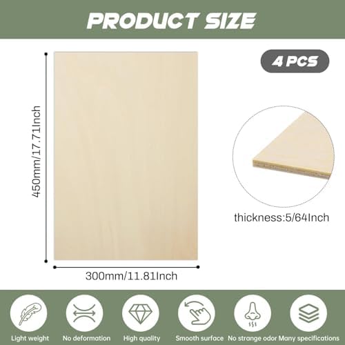 4 Pack Plywood Sheets, 11.8" x 17.1"x 5/64" Basswood Sheets - Image 2