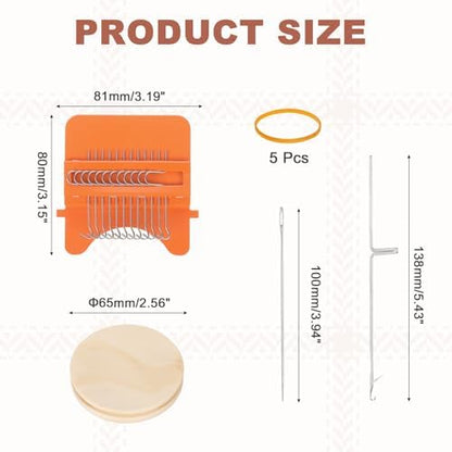 MECCANIXITY Mini Darning Loom, 12 Hooks Wood Weaving Knitting Machine with Knitting Needles for Repair Jeans Socks DIY Craft, Knit Patch Loom Weave Tool, Orange - Image 2