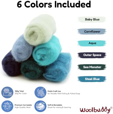 Woolbuddy Corriedale Wool Roving Kit for Needle Felting (Blue) 20g Each - Image 3