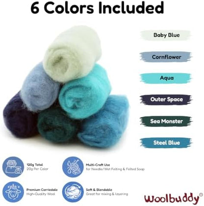 Woolbuddy Corriedale Wool Roving Kit for Needle Felting (Blue) 20g Each - Image 3