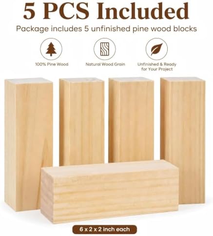 5 Pack Unfinished Wood Blocks, 6 x 2 x 2 Inch Wood Carving Blocks - Image 3
