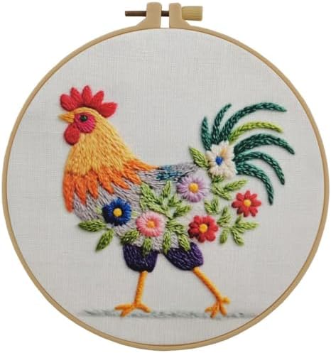 Esffaci Embroidery Starter Kit for Adult Beginner with Funny Rooster Flowers Pattern Hand Embroidery Set with Cloth Hoop Needle Threader Floss and Instruction by Esffaci