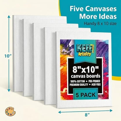 KEFF Canvas for Painting - 5-Pack 8x10 Canvas Value Pack - 100% Cotton Triple Primed Small Canvases for Painting. Mini Canvases Bulk Set for Acrylic, Oil, Watercolor&Tempera - Art Supplies for Adults - Image 2