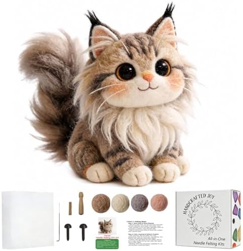 DIY Needle Felting Kit Cute Maine Coon Longhair Cat – Needle Felting Starter Kit with Fiber Roving, Needles, Felting Pad & Instructions | Felted Cat Kit for Beginners Adults | DIY Craft Gift by FaceNFace