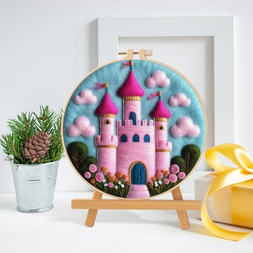 Needle Felt Starter Set, Wool Felt Painting Needle Felting Kit, Felt Painting Kit for Beginners Adult Castle Flowers Wool Needle Felt Set with Felt Needle, Picture Frame DIY Craft Project Decor - Image 2