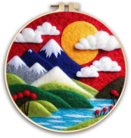 CaptainCrafts DIY Needle Felting Starter Kit with Picture Hoop, Foam Pad, Felt Cloth, Instructions for Home Decoration, Beginner Art Craft (Mountains Rivers Clouds Scenery) by CaptainCrafts