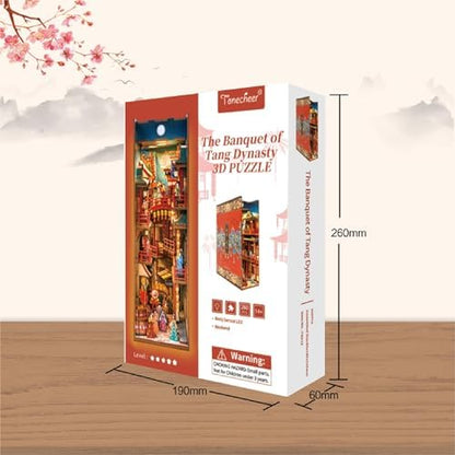 Tonecheer DIY Book Nook Kit for Adults, 3D Wooden Puzzle Bookend Bookshelf Insert Decor, Chinese Booknook Miniature House Kit with Body Motion Sensor LED Light (The Banquet of Tang Dynasty) - Image 6