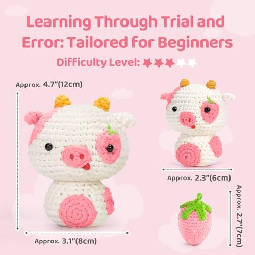 Mewaii Strawberry Cow Crochet Kit for Beginners, 40% Extra Yarn - Image 5