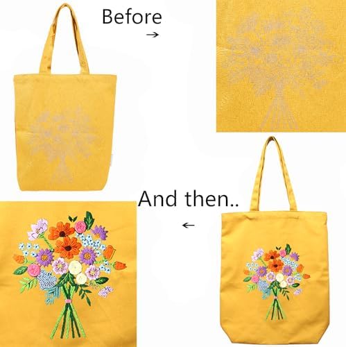 Canvas Tote Bag Embroidery Kit with Pattern for Beginners, Arts and DIY Embroidery Crafts Kits for Adults, Instructions, thimble, Embroidery Hoops, Color Threads (yellow, CR002 zhaolufanhua) - Image 5