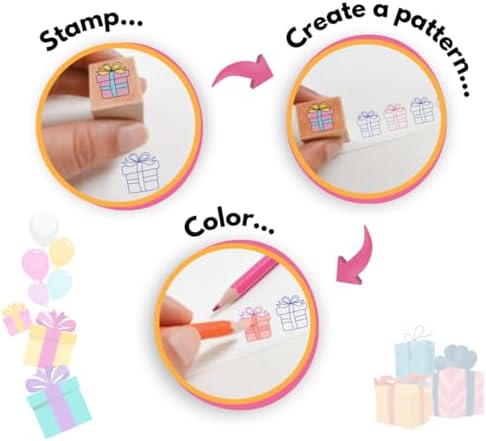Birthday Card Making Kit -11 Reuseable Wooden Stamps & Ink Pad, 12 Blank Cards with Colorful envelopes, 1 Sheet of Birthday Stickers and 5 Color Pencils Ages 4+ - Image 4