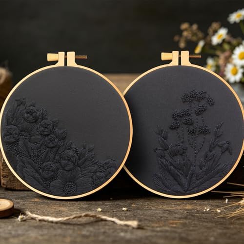Armindou Black Flowers Embroidery Kits for Beginners Adults, Floral Hand Embroidery Set Needlepoint DIY Kit, Stamped Cross Stitch Kits for Beginners Adult, 2 Embroidery Hoops (Attached Video Tutorial) - Image 6