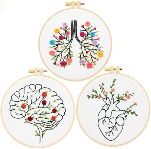 Armindou Flowers Embroidery Kits for Beginners Adults, Hand Embroidery Set Needlepoint Kits, Floral Stamped Cross Stitch Kits for Beginners Adults, 3 Embroidery Hoops, Fabric (Attached Video Tutorial) by Armindou