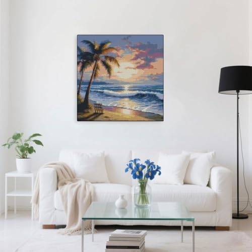 Beach Sunset Stamped Cross Stitch Kits - Tree Counted Cross Stitch Kits for Beginners Adults Needlepoint Cross-Stitch Patterns Dimensions Needlecrafts Embroidery Kits Arts and Crafts 13.7x13.7 Inches - Image 4