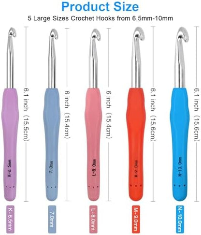 Large Crochet Hooks 5 Sizes Crochet Hook Set, 29 Pack Yarn Needle Kits for Beginners, Knitting Needles with Ergonomic Handles for Arthritic Hands, 6.5mm 7.0mm 8.0mm 9.0mm 10.0mm Crochet Needle Kit - Image 2