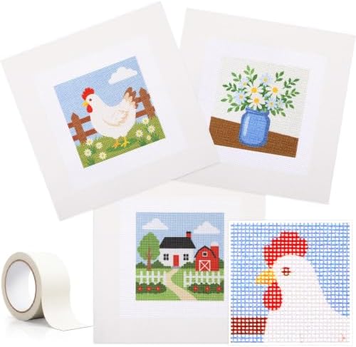 3 Pcs 18 Mesh Farmhouse Needlepoint Canvas with Tape, 8" x 8" by Unknown