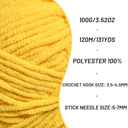 Plush Chunky Chenille Yarn for Crocheting, Soft Fluffy Velvet Yarn for Crocheting, Fuzzy Baby Blanket Knitting Yarns, 100g/131yds Bulky Amigurumi Yarns（Golden Yellow） - Image 2