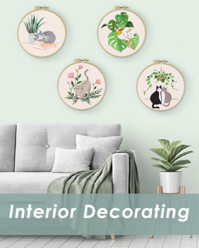 ERKOON 4 Sets Embroidery Kit for Beginners,Hummingbird and Flower Cross Stitch Set for Include Embroidery Cloth Hoops Threads for Craft Lover Hand Stitch (Cat) - Image 3