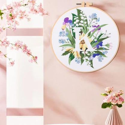 IUHUI Embroidery Kit for Beginners Adults - 26 Floral Letters Easy Patterns, DIY Hand Stitching Embroidery Set with Hoop (Flower and Grass Letter K) - Image 2