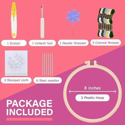 Clear Background Embroidery Kit for Beginners – DIY Hand Embroidery Kit with 3 Hoops, Stamped Patterns, Needles, Thread, Scissors – Minimalist Embroidery Set for Adults, Teens, Women, Craft Lovers - Image 2