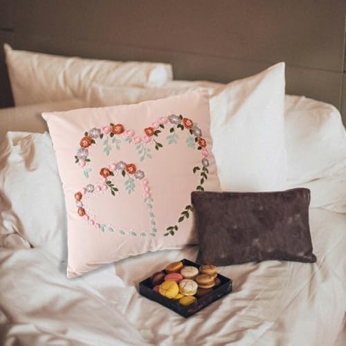 Crewel Pillow Case Embroidery Kit, Heart Shaped Loving You Floral Stamped Pattern Kits for Audlt Beginners, Works Crafts Throw Pillow Cover Great Gift for Loved Ones, 18 x 18'' (Coral) - Image 5
