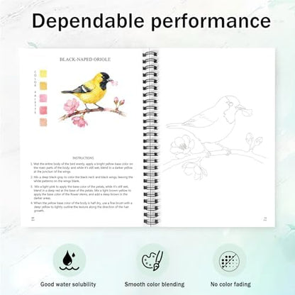 Watercolor Workbooks for Adults Beginners & Teens, 16 Colors 15 Beautiful Paintings, Pre-Outlined Designs, Easy Watercolor Art Book（Without Palette Bird） - Image 3