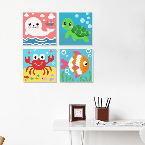 MVVMTOP 4 Pack Paint by Numbers Kit for Adults Beginner with Wooden Frame, Easy DIY Marine Animals Acrylic on Canvas Paint Painting Kits, for Home Wall Decoration Arts Crafts 7.8x7.8inch - Image 6