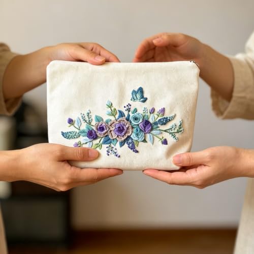 FONNUY Embroidery Kit Makeup Bag for Beginners, Flowers Pre-Stamped Pattern Handbag Coin Purses Making Kits for Adults with Hoop, Easy to Follow Color Thread Needlework (Blue) - Image 6