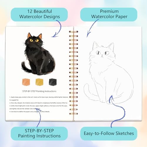 Easy Watercolor Workbook for Beginners - 12 Beautiful Step-by-Step Paintings Water Coloring Book, Includes 18 Colors Paints, Relaxing Art Projects and Creative Gift for Adults & Teen (Cats) - Image 3