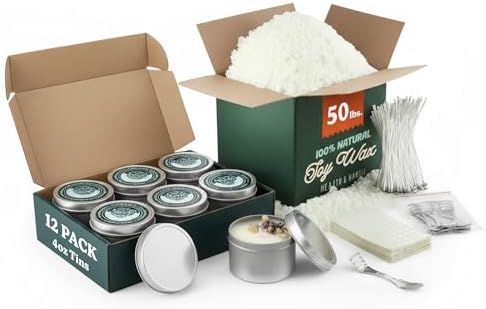 Hearth & Harbor 50 lbs. Soy Candle Wax with Supplies, 4 oz. 12 Pack Tin Jars with Lids, Cotton Candle Wicks, Wick Stickers and Centering Devices - Soy Wax Flakes with Containers for Candle Making by HearthHarbor