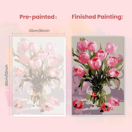 MXJSUA Pink Tulips Framed Paint by Numbers Kit for Adults Beginner with Wooden Easel, Adults' Paint-by-Numbers on Canvas, Easy DIY Acrylic Number Painting for Home Decor Gifts, 8x12 inch - Image 3
