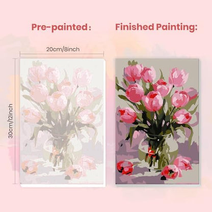 MXJSUA Pink Tulips Framed Paint by Numbers Kit for Adults Beginner with Wooden Easel, Adults' Paint-by-Numbers on Canvas, Easy DIY Acrylic Number Painting for Home Decor Gifts, 8x12 inch - Image 3