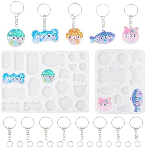 Pet Tag Silicone Mold Keychain Resin Molds Dog Bone Heart Fish Cat Paw Resin Casting Molds & 35Pcs Key Rings 70Pcs Jump Rings for DIY Keychain Dog Collar Earring Jewelry Making by Spritewelry