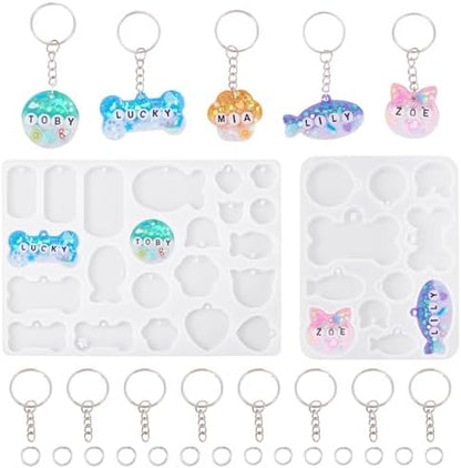 Pet Tag Silicone Mold Keychain Resin Molds Dog Bone Heart Fish Cat Paw Resin Casting Molds & 35Pcs Key Rings 70Pcs Jump Rings for DIY Keychain Dog Collar Earring Jewelry Making by Spritewelry