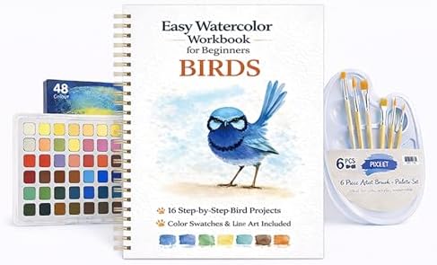 Watercolor Workbook for Beginners – Birds, 16 Original Watercolor Projects, Watercolor Kit with 48 Colors Paint Set, 6 Brushes & Palette, Watercolor Workbook for Adults,Creative Art Gift by Unknown