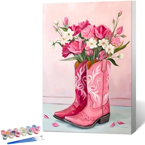 Framed Paint by Numbers Kit for Adults, Western Cowboy Boot Decor 8x12 Inch by Okarina