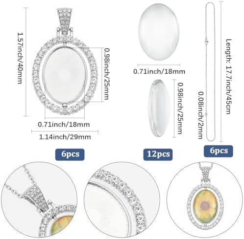24Pcs 6 Sets Bezel Pendant Making Kit Oval Blank Bezel Pendant Trays with Glass Cabochons Pendant Trays Rhinestone Double Sided Rotatable Charm for Jewelry Making Supplies DIY Necklace Adults - Image 2