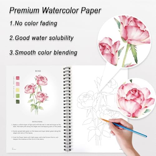 Watercolor Workbooks for Adults Beginners & Teens, 16 Colors 15 Beautiful Paintings, Pre-Outlined Designs, Easy Watercolor Art Book（Without Palette Rose Flowers） - Image 6