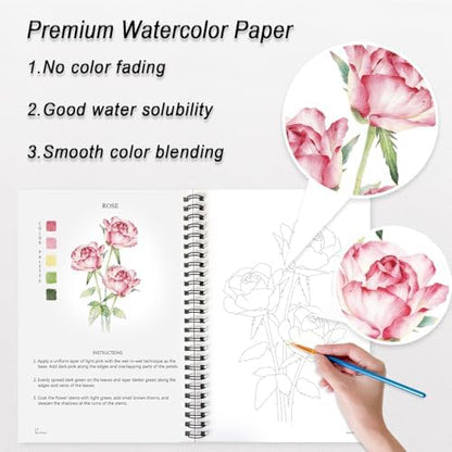 Watercolor Workbooks for Adults Beginners & Teens, 16 Colors 15 Beautiful Paintings, Pre-Outlined Designs, Easy Watercolor Art Book（Without Palette Rose Flowers） - Image 6